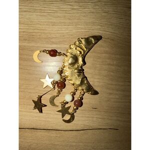 Norma Jean Signed Crescent Moon Face Brooch Star Dangles Celestial Vintage